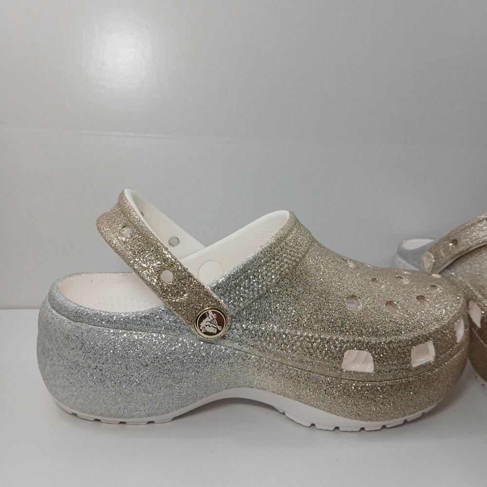 Croc Platform Glitter Ombre Silver Gold Slip on Classic High Heel Clogs Size 7 - Picture 2 of 16